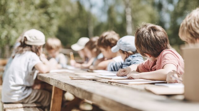 Children learning outdoors: a creative group activity at a wooden picnic table in nature