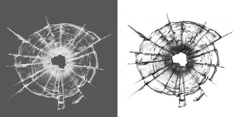 Isolated bullet hole glass impact textures in light and dark styles for high quality transparent overlay and damage visualization. © Pure Pixels (PNG)