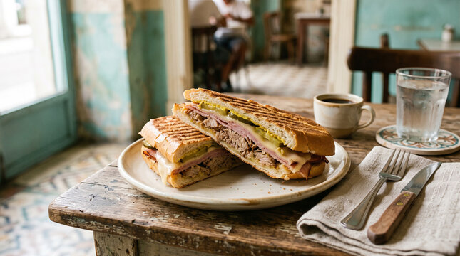cuban sandwich on plate with coffee and water in cafe setting