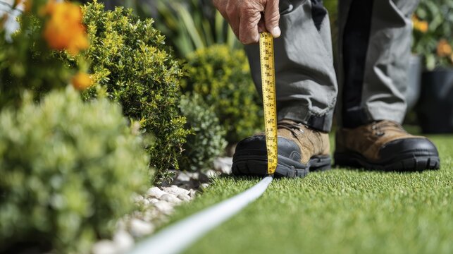Gardener measuring lawn edges with tape for precise landscaping