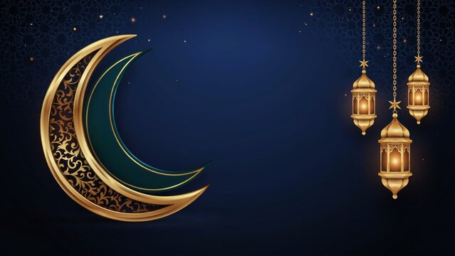 Decorative crescent moon with hanging lanterns on dark blue background