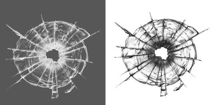 Isolated bullet hole glass impact textures in light and dark styles for high quality transparent overlay and damage visualization.