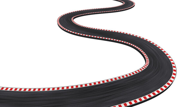 Winding asphalt racing track with red and white curbs, aerial view