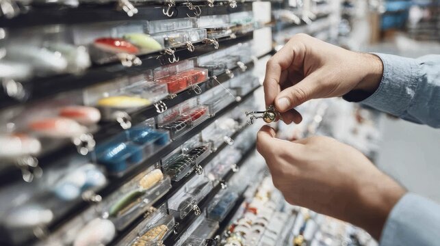 Man choosing fishing lure in tackle store with variety of options