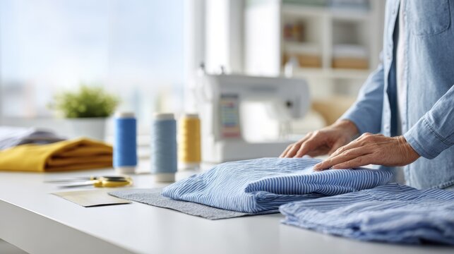 Skilled tailor organizing striped fabric in cozy sewing workshop