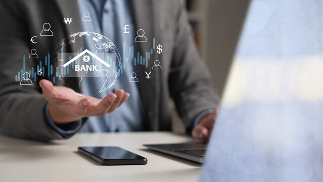 Concepts of online banking services, digital payments, online transactions, secure money transfers, and financial technology in the global economy.