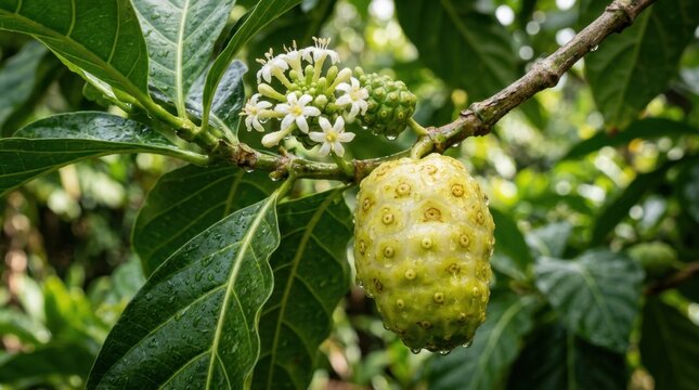 Fresh noni fruit with white flowers and green leaves growing on a tree branch in a tropical garden