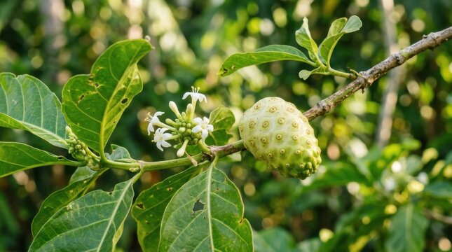 Fresh noni fruit and small white blossoms growing on a branch in a tropical garden under natural light