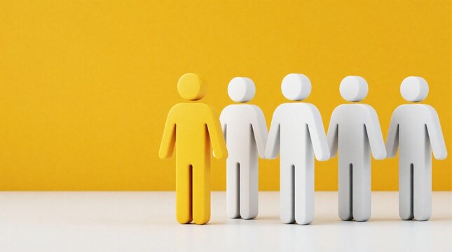 One yellow human figure stands apart from group of white people. Concept of leadership, individuality, uniqueness in crowd. Symbol for standout person, talent, special character. Minimalist 3d