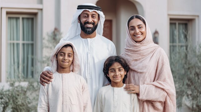 Happy family in traditional middle eastern clothing standing outside their home