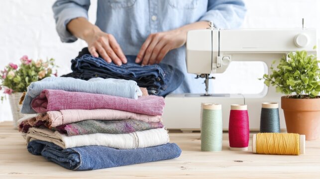 Seamstress organizing folded fabric with sewing machine and colorful threads nearby