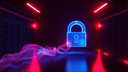 Fototapeta premium Neon lock glows within dark tunnel. Red, blue light creates futuristic, abstract scene. Smoke adds dramatic effect.