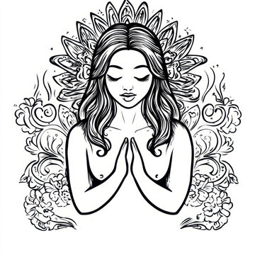 Peaceful meditative woman with floral and mandala patterns in black and white line art