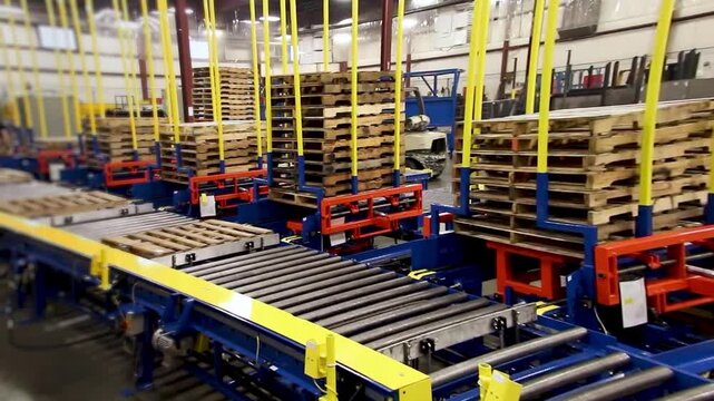Elevated warehouse scene with stacked wooden pallets resting on parallel roller conveyors. Blue and red sorter frames and tall yellow safety posts guide and align loads into lanes for storage.