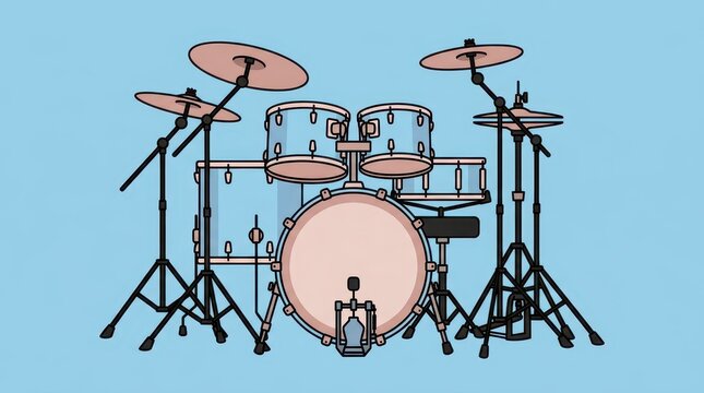 Minimalist Flat Illustration of a Professional Drum Kit Set with Cymbals and Hardware on a Blue Background