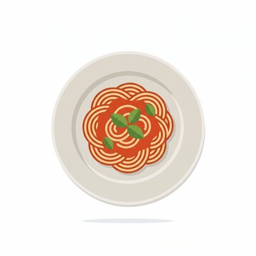 Spaghetti pasta with tomato sauce and basil on a plate top view