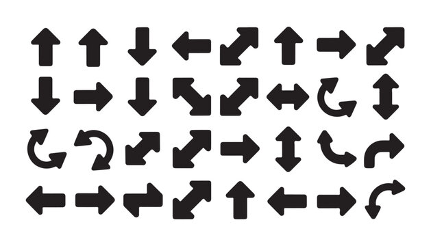 Black arrow icon set on transparent background for interface navigation and direction signs.