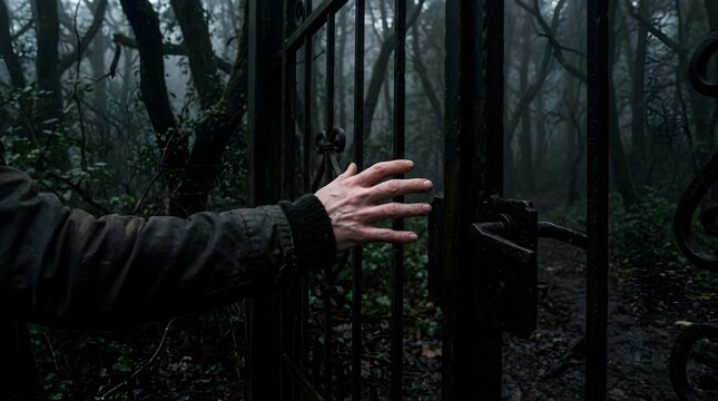Hand reaching for an ornate iron gate in a dark misty forest