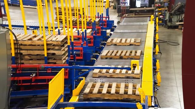 High-angle warehouse view of wooden pallets on roller conveyor line, guided by tall yellow safety posts and blue and red sorter frames directing loads into lanes