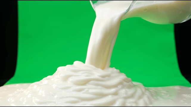 Thick white milk pouring smoothly over a flat green screen surface demonstrating rich creamy textures and soft subsurface scattering.