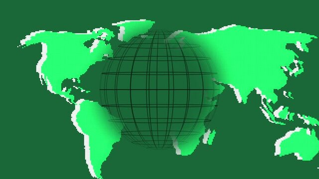 World map animation integrates circuit board patterns across the globe. Digital telecommunication telemetry routes on world map. Cyber data systems power map.