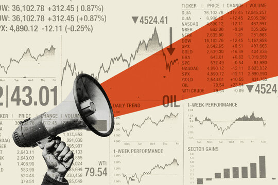 Retro financial collage of megaphone with stock market chart and oil data