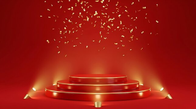 Golden podium with stage lights and falling confetti on red background confetti spotlight platform celebration