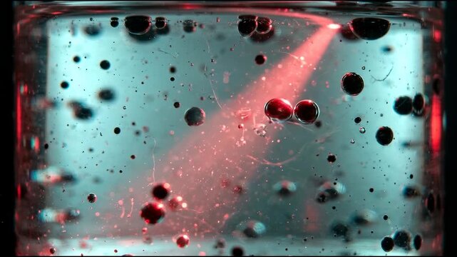 Threat-detection microdroplets, tiny dark droplets suspended in clear liquid at varied depths, scarlet red and pale cyan palette, reactive polymer flu