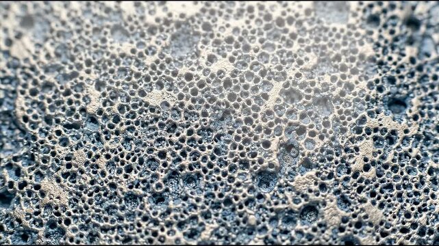 Titanium oxide pores, pale metallic ceramic surface punctuated by microscopic pores, champagne silver and dusty blue palette, porous oxide material, c