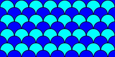 Seamless blue fish scale pattern with cyan and dark blue overlapping geometric waves © Mr. Han Han