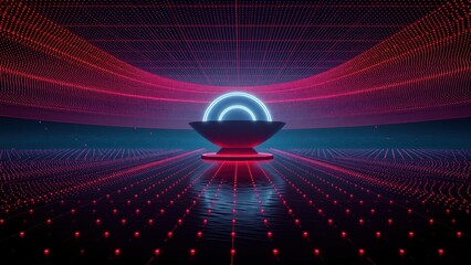 Fototapeta premium Futuristic scene. Glowing arch over reflective surface. Red particles create tunnel effect. Dark background emphasizes vibrant colors.