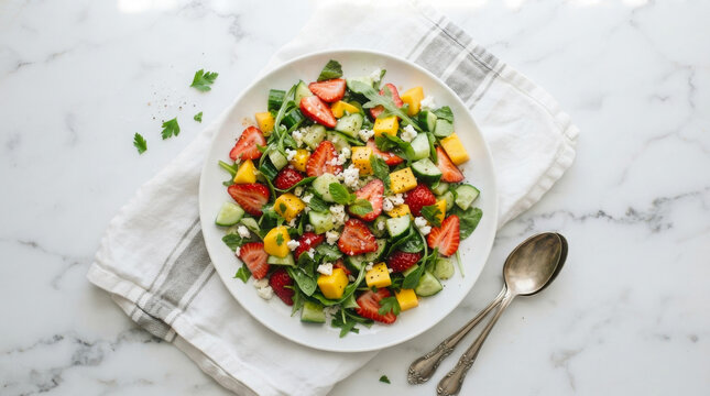 Fresh fruit salad with strawberries and mango chunks displayed on a white plate over a marble table