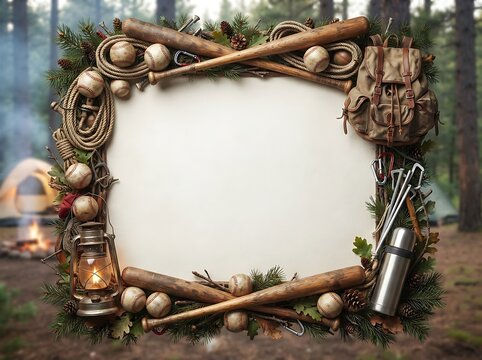 Rustic camping baseball border with vintage gear pine branches and lanterns for outdoor adventure.