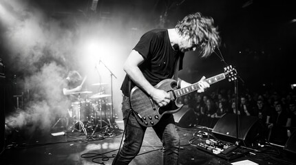 Fototapeta premium Energetic Rock Guitarist Performing Live on Stage with Band in Smoky Black and White Concert Atmosphere