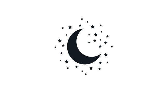Crescent moon with dense cluster of tiny stars.