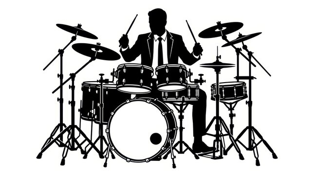 Silhouette of a Professional Drummer in a Suit Playing a Full Drum Kit Isolated on White Background