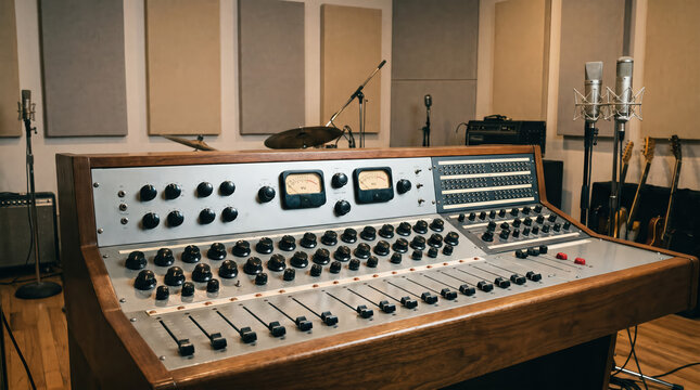 Vintage analog audio mixing console in a retro recording studio.
