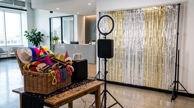 Photo booth setup with ring light and shiny fringe backdrop beside a basket of party props in modern office lobby