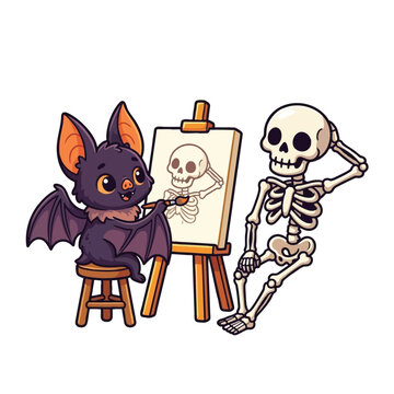 Cute Halloween Bat Artist Sketching a Skeleton Friend Vector Illustration