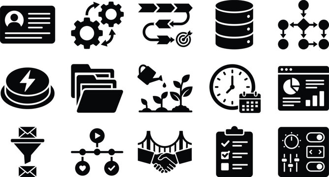 Set of diverse professional vector icons for business management and digital workflow operations on a transparent background