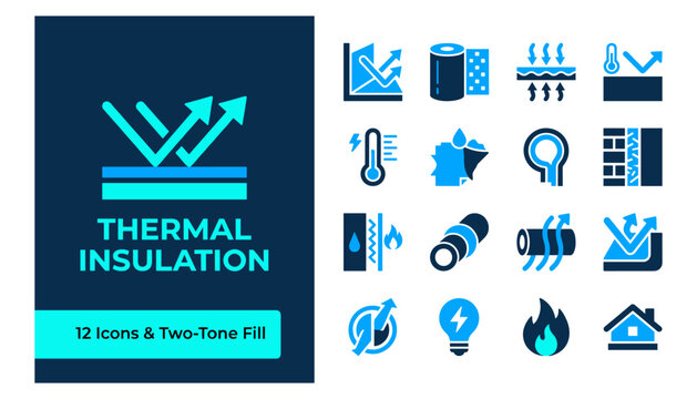 Set of 12 thermal insulation icons featuring various heat protection and energy efficiency concepts