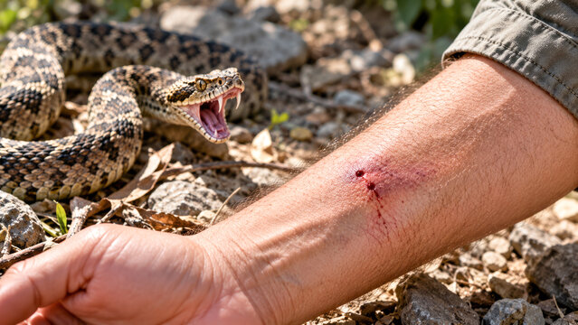 Close-up of a snake next to a human hand with a fresh bite mark, illustrating the dangers of wildlife, injury, and outdoor safety.