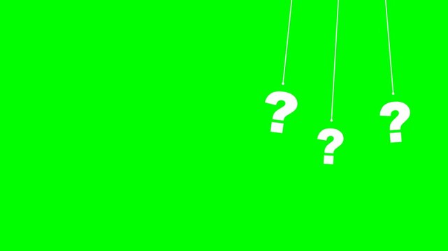 White question marks swinging on strings against a green screen background
