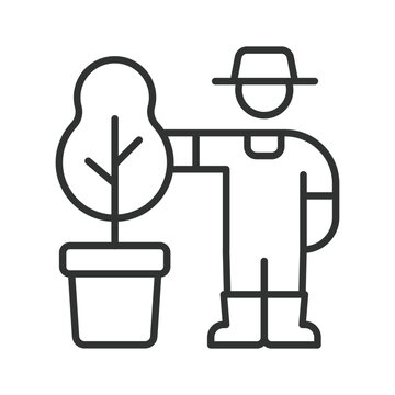 Transplanting trees from pots icon in line design