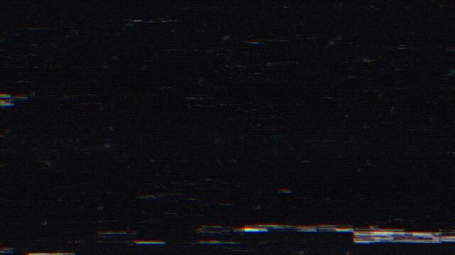 Digital glitch distortion effect over dark background with static noise and horizontal signal interference.