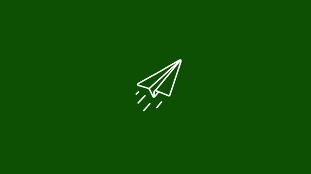 Animated Paper Airplane Flying Line Icon Motion Graphic Loop, White Origami Plane Send Message Travel Startup Freedom Symbol Isolated Dark Green Background 4K Video Asset.