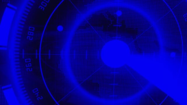 Radar interface animation sweeps target tracking beams over a map. Global surveillance data coordinates guide radar interface. Defense systems use the interface.