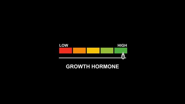 Growth hormone gauge level progress indicator from low to high.Growth hormone text or word, representing varying levels of hormone deficiency and its impact on energy, metabolism, and overall.