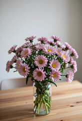 Fototapeta premium Wellness and home decor, bouquet of pink daisy flowers in a glass vase on a wooden table for interior design and spring seasonal lifestyle