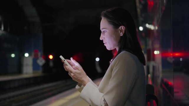 A woman stands on a subway platform at night, browsing on her smartphone while waiting for a train during her evening commute.